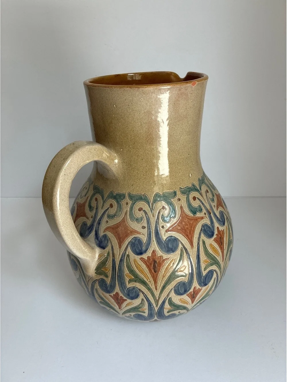Vintage 12” Hand Painted Art Pottery Jug Majolica Style Floral Pitcher Signed